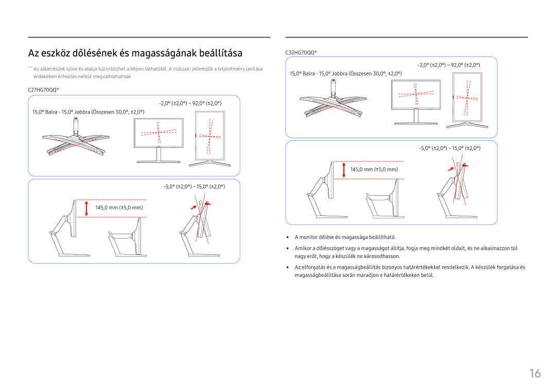 Samsung LC32HG70QQUXEN, LC27HG70QQUXEN manual Az eszköz dőlésének és magasságának beállítása 