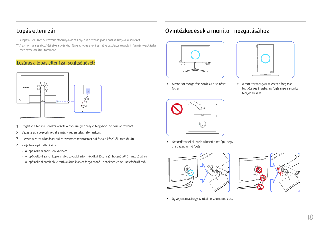 Samsung LC32HG70QQUXEN, LC27HG70QQUXEN manual Lopás elleni zár, Óvintézkedések a monitor mozgatásához, Tetejét és alját 