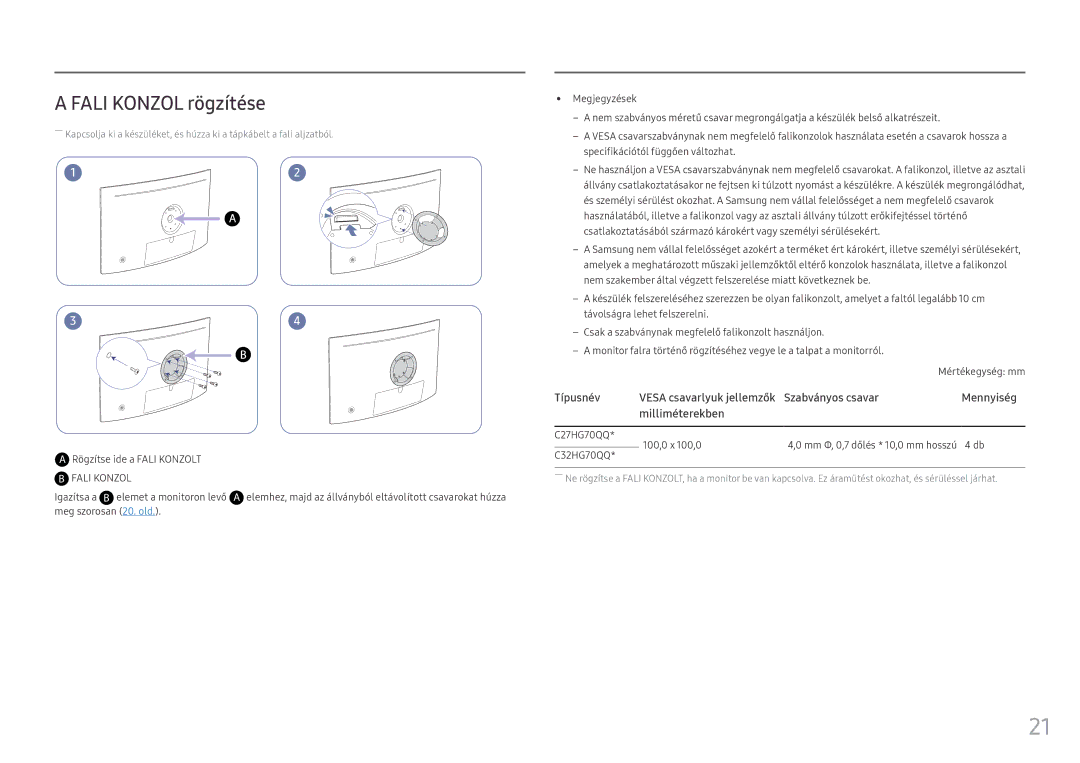 Samsung LC27HG70QQUXEN manual Fali Konzol rögzítése, Igazítsa a B elemet a monitoron levő, C27HG70QQ 100,0 x 100,0 