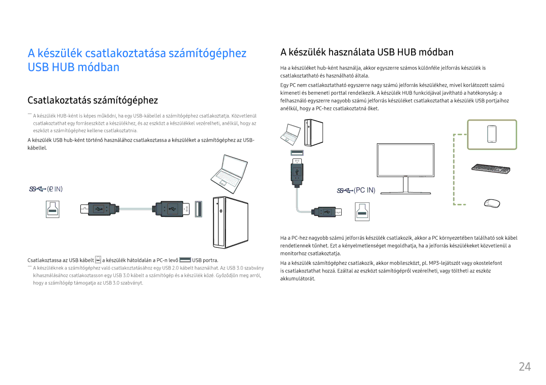 Samsung LC32HG70QQUXEN, LC27HG70QQUXEN Készülék csatlakoztatása számítógéphez USB HUB módban, Csatlakoztatás számítógéphez 