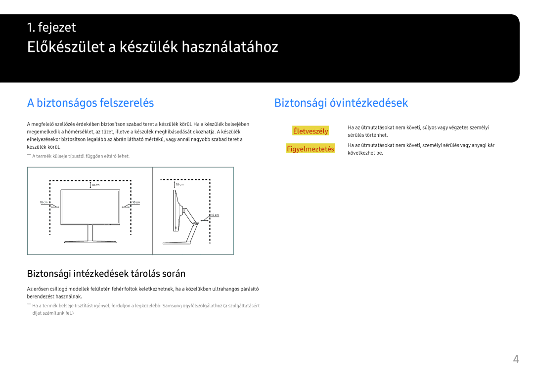 Samsung LC32HG70QQUXEN manual Előkészület a készülék használatához, Biztonságos felszerelés, Biztonsági óvintézkedések 