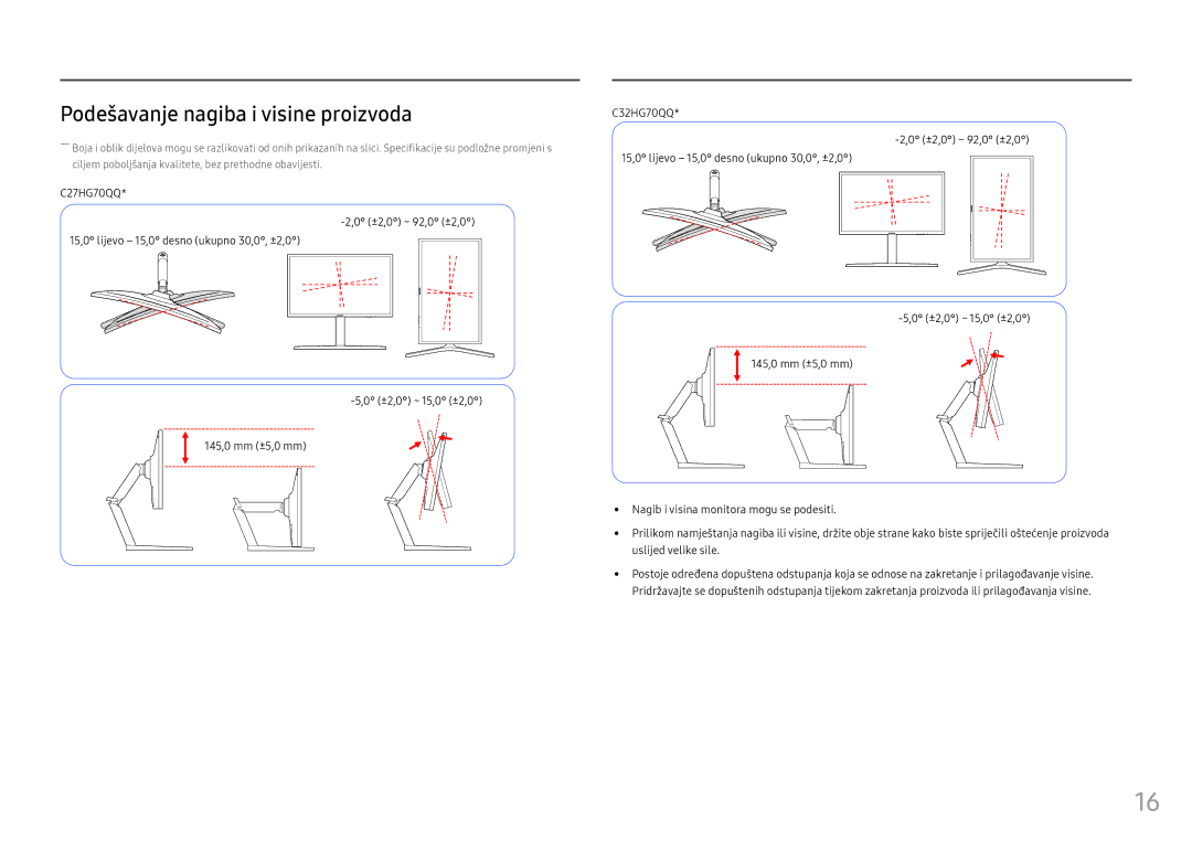 Samsung LC32HG70QQUXEN manual Podešavanje nagiba i visine proizvoda 