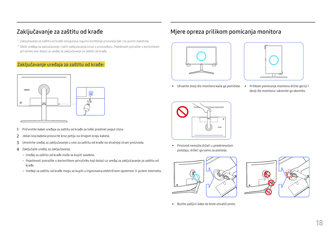 Samsung LC32HG70QQUXEN manual Zaključavanje za zaštitu od krađe, Mjere opreza prilikom pomicanja monitora 