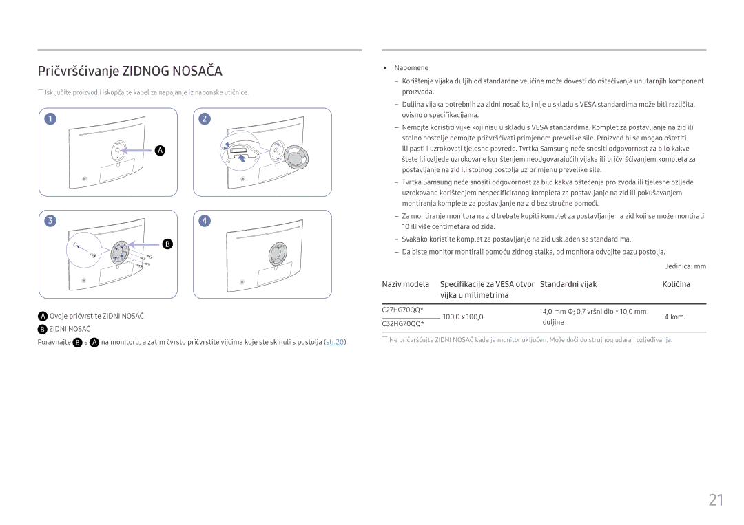 Samsung LC32HG70QQUXEN manual Pričvršćivanje Zidnog Nosača, Poravnajte B s 