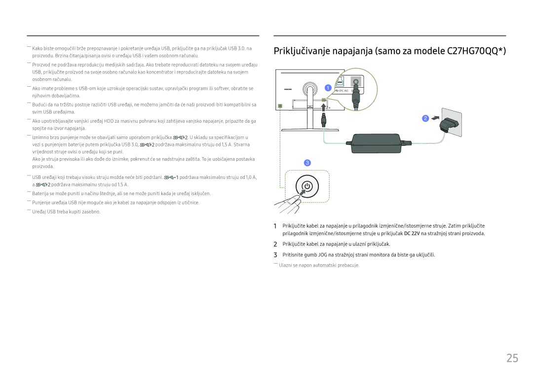 Samsung LC32HG70QQUXEN manual Priključivanje napajanja samo za modele C27HG70QQ 