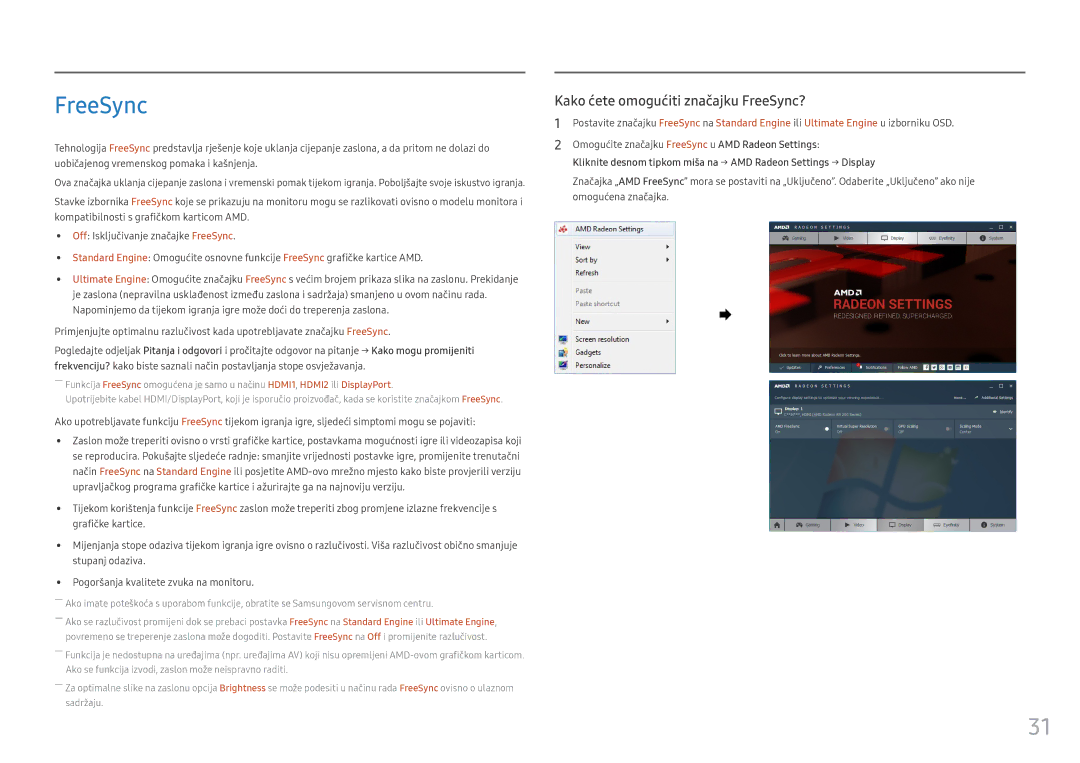 Samsung LC32HG70QQUXEN manual Kako ćete omogućiti značajku FreeSync? 