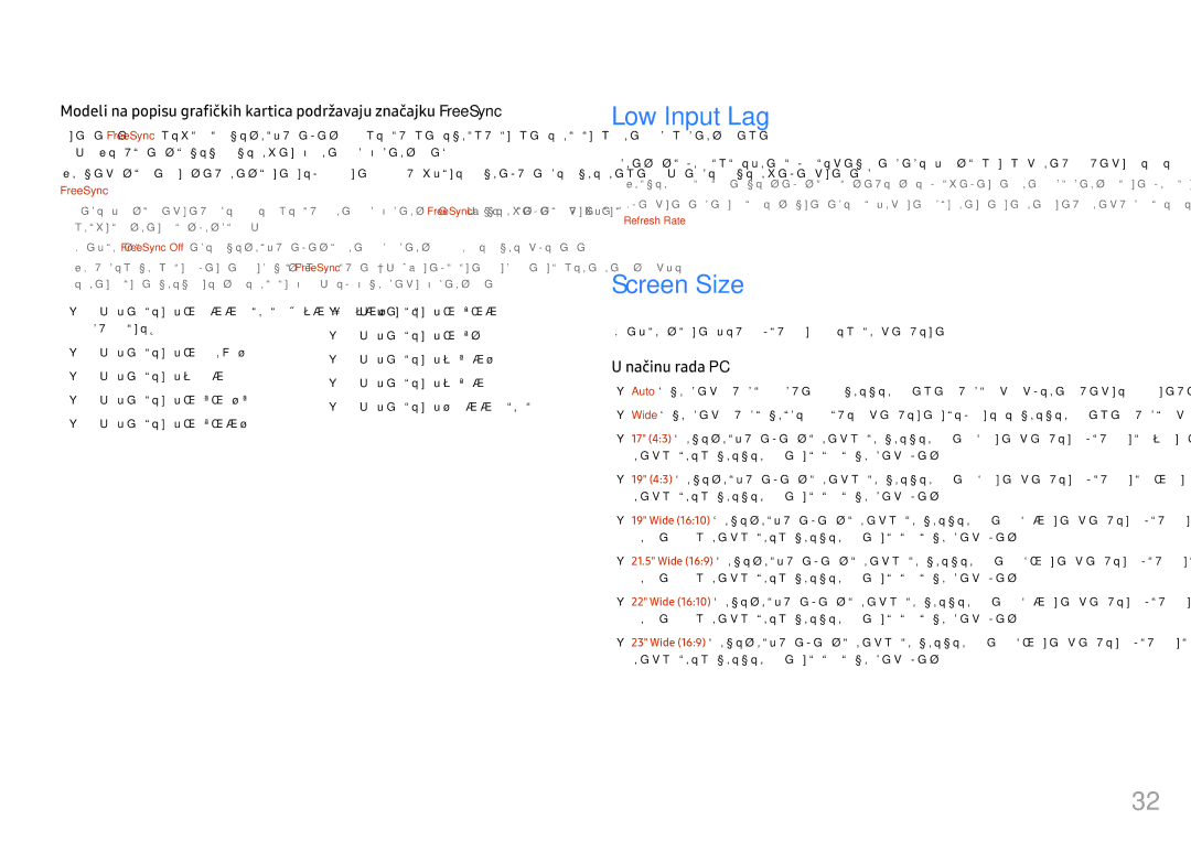 Samsung LC32HG70QQUXEN manual Low Input Lag, Screen Size 