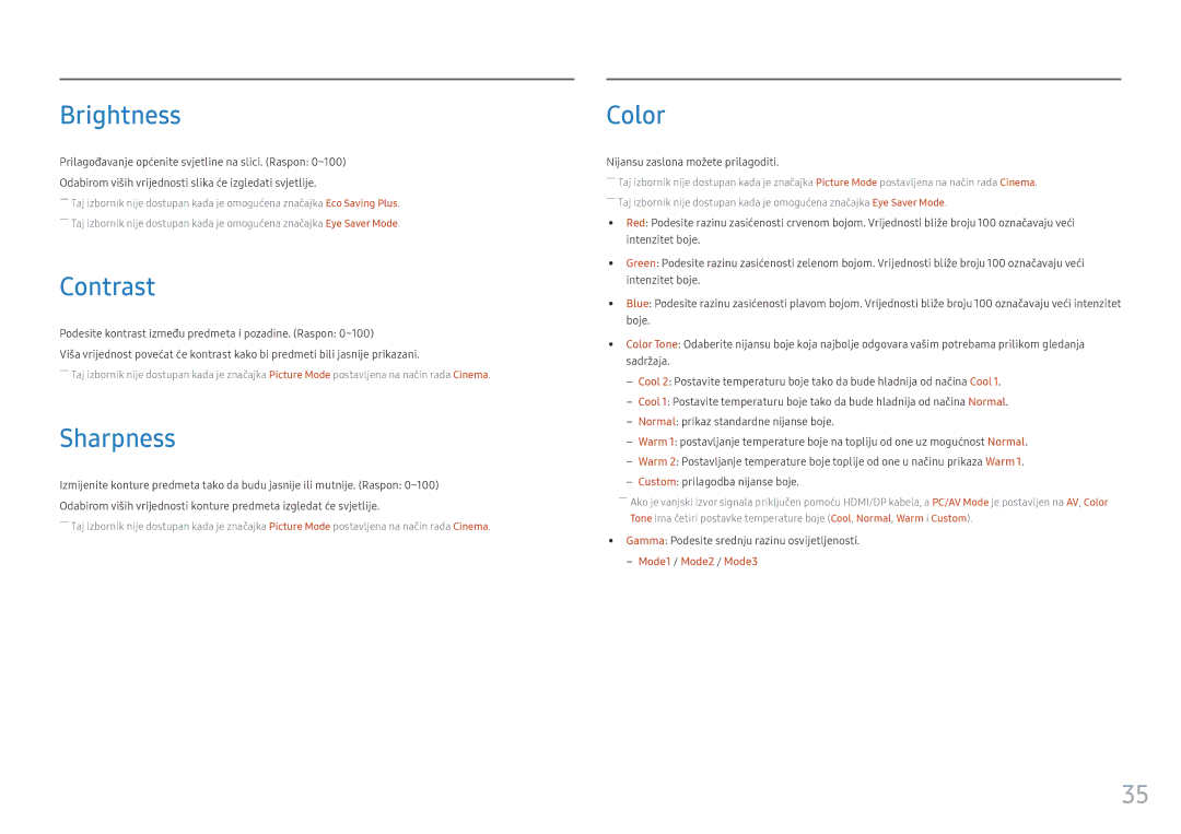 Samsung LC32HG70QQUXEN manual Brightness, Contrast, Sharpness, Color, Nijansu zaslona možete prilagoditi 