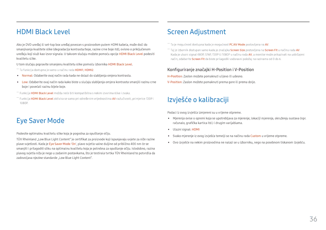 Samsung LC32HG70QQUXEN manual Hdmi Black Level, Eye Saver Mode, Screen Adjustment, Izvješće o kalibraciji 