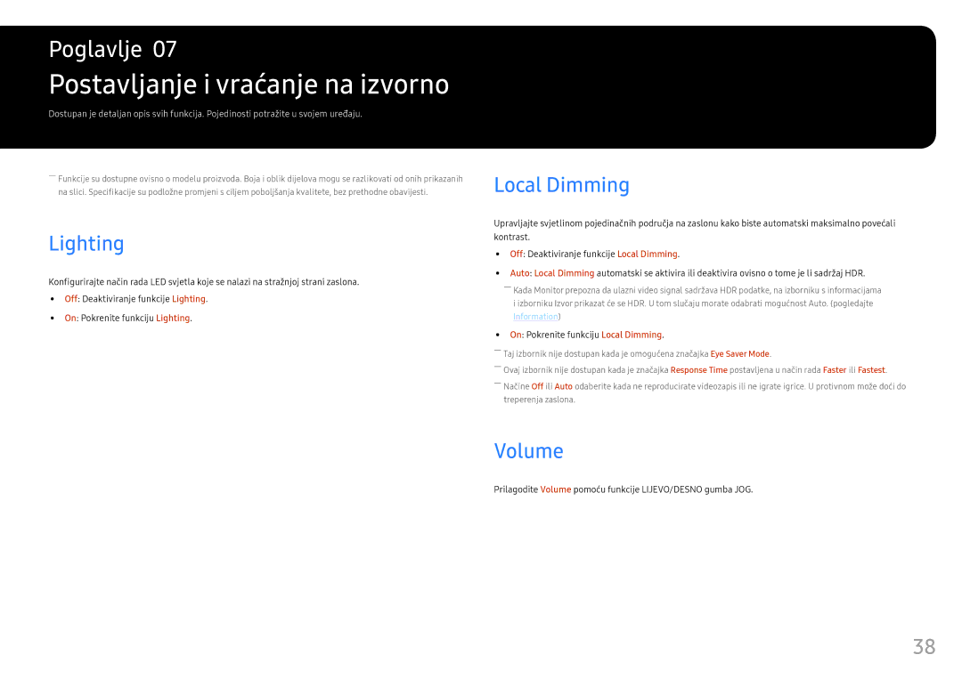 Samsung LC32HG70QQUXEN manual Postavljanje i vraćanje na izvorno, Lighting, Local Dimming, Volume 