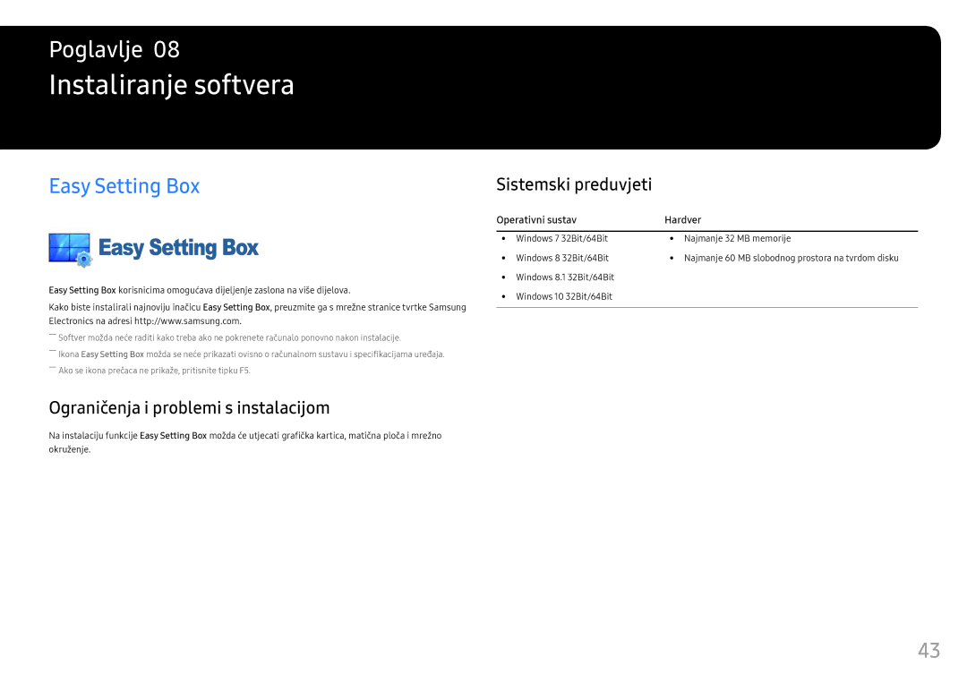 Samsung LC32HG70QQUXEN manual Instaliranje softvera, Easy Setting Box, Ograničenja i problemi s instalacijom 