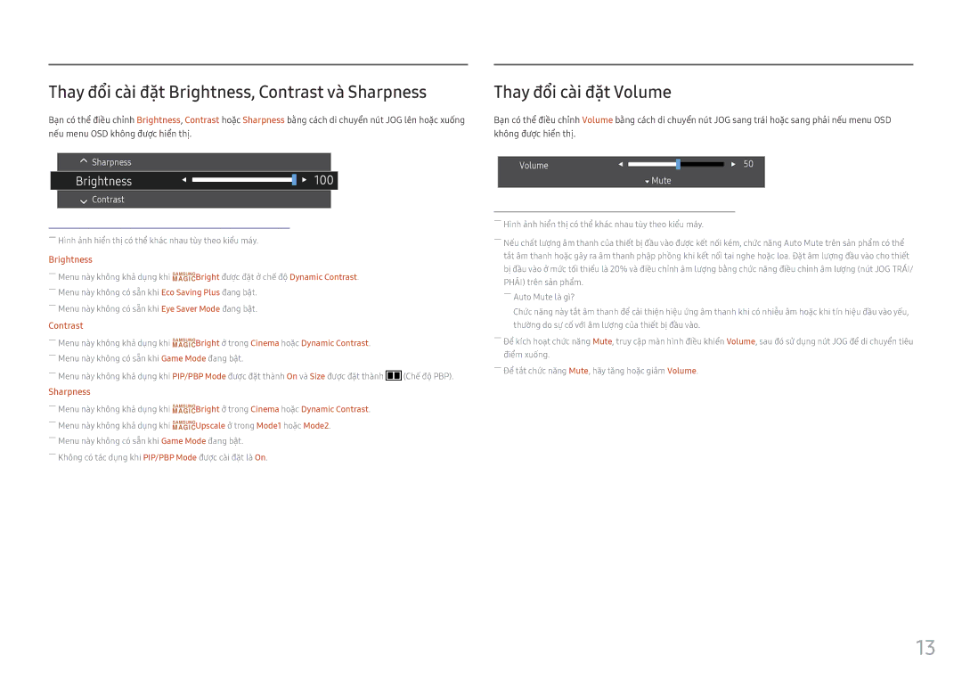 Samsung LC34F791WQEXXV manual Thay đổi cà̀i đặt Brightness, Contrast và̀ Sharpness, Thay đổi cà̀i đặt Volume 