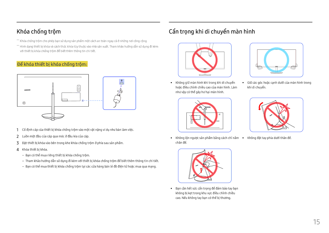 Samsung LC34F791WQEXXV manual Khó́a chống trộ̣m, Cẩ̉n trọ̣ng khi di chuyển mà̀n hì̀nh 