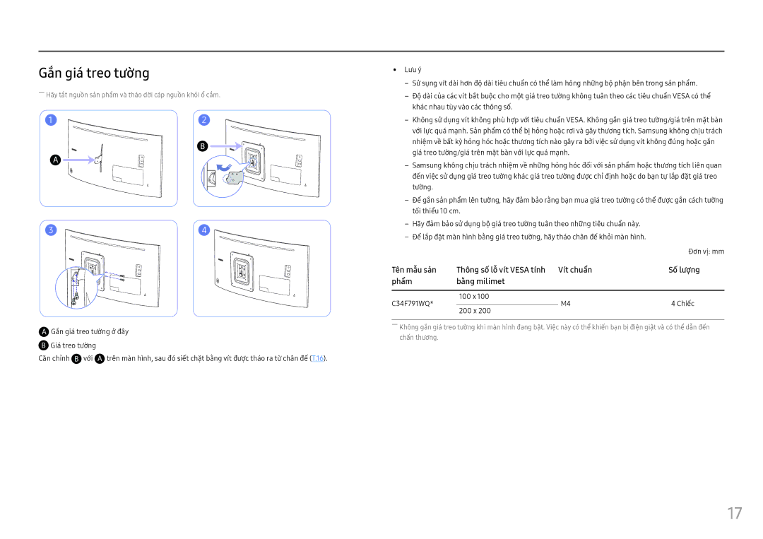 Samsung LC34F791WQEXXV manual Gắn giá treo tường, Giá́ treo tường Căn chỉnh B vớ́i, 100 x C34F791WQ Chiế́c 200 x 