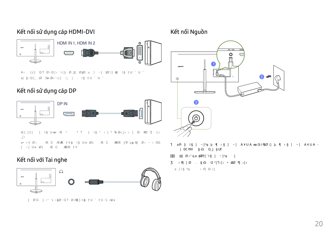 Samsung LC34F791WQEXXV manual Kết nối sử̉ dụng cáp HDMI-DVI, Kết nối sử̉ dụng cáp DP, Kết nối với Tai nghe, Kết nối Nguồ̀n 