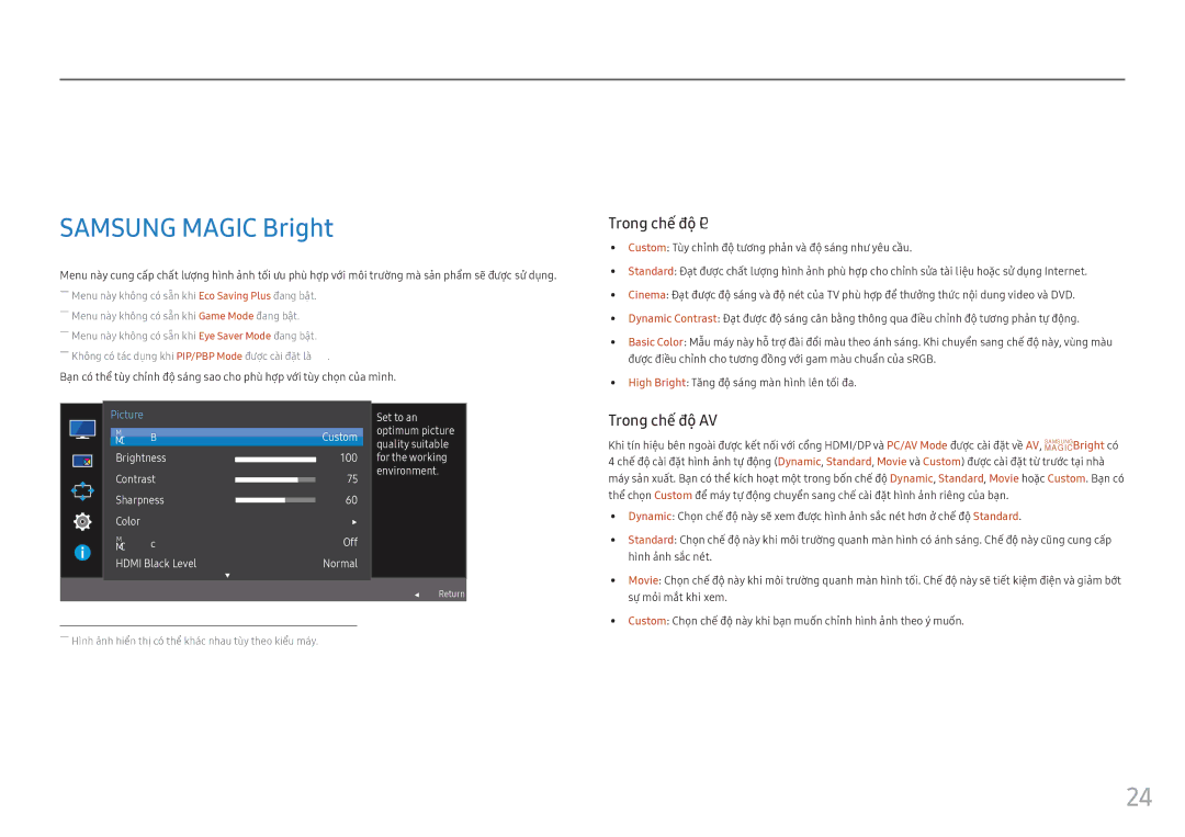 Samsung LC34F791WQEXXV manual Thiêt lập màn hình, Samsung Magic Bright, Hì̀nh ả̉nh sắ́c né́t, Sự̣ mỏi mắ́t khi xem 
