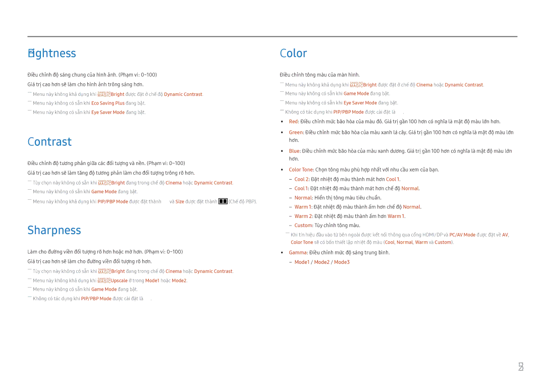 Samsung LC34F791WQEXXV manual Brightness, Contrast, Sharpness, Color, Điều chinh tông màu của màn hình 