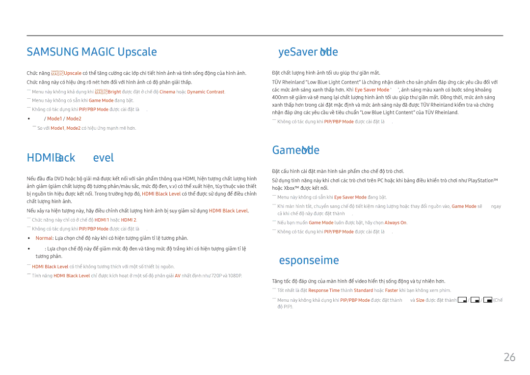 Samsung LC34F791WQEXXV manual Samsung Magic Upscale, Eye Saver Mode, Hdmi Black Level, Game Mode, Response Time 