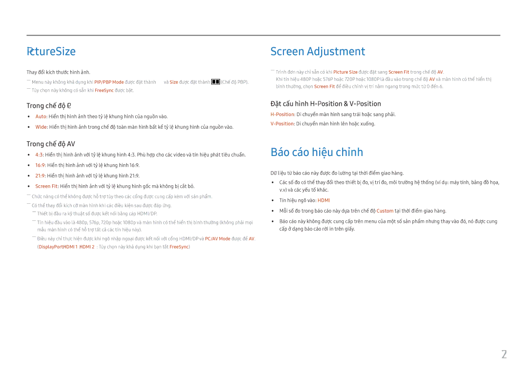 Samsung LC34F791WQEXXV manual Picture Size, Screen Adjustment, Báo cáo hiệu chỉnh, Thay đổ̉i kí́ch thướ́c hì̀nh ả̉nh 