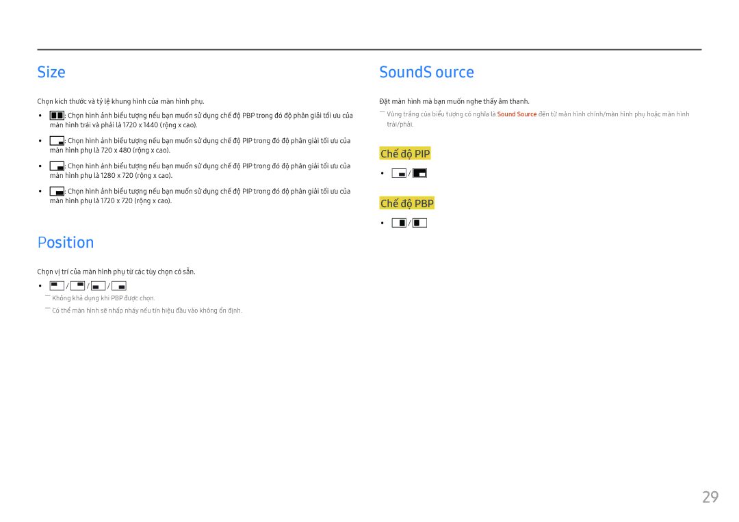 Samsung LC34F791WQEXXV manual Size, Position, Sound Source, Đặ̣t mà̀n hì̀nh mà̀ bạ̣n muố́n nghe thấ́y âm thanh 