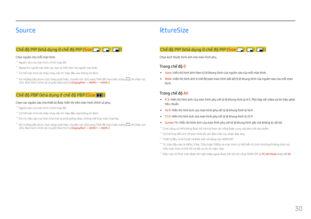 Samsung LC34F791WQEXXV manual Source, Chọn nguồn cho mỗ̃i mà̀n hì̀nh, Chọn kí́ch thướ́c hì̀nh ả̉nh cho mà̀n hì̀nh phụ̣ 