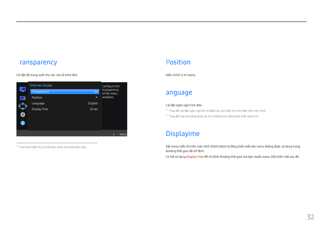 Samsung LC34F791WQEXXV manual Điề̀u chỉnh cà̀i đặt OSD hiển thị̣ trên mà̀n hì̀nh, Transparency, Language, Display Time 