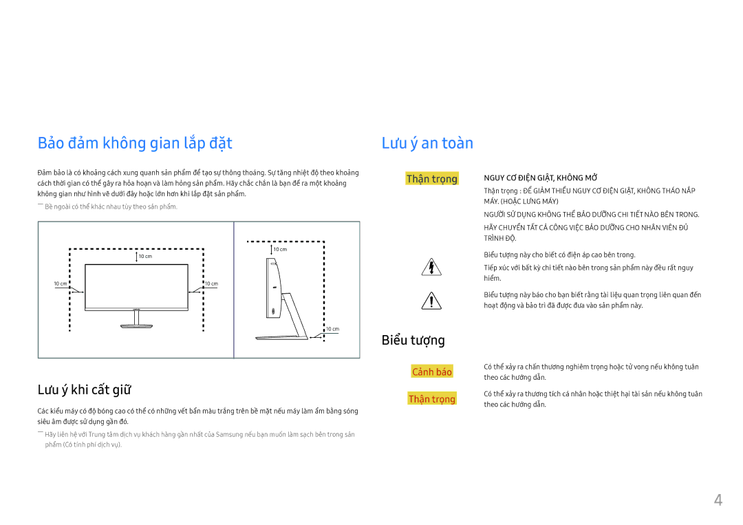 Samsung LC34F791WQEXXV manual Trươc khi sử dung san phẩm, Bảo đảm không gian lắp đặt Lưu ý an toàn, Lưu ý khi cất giư 