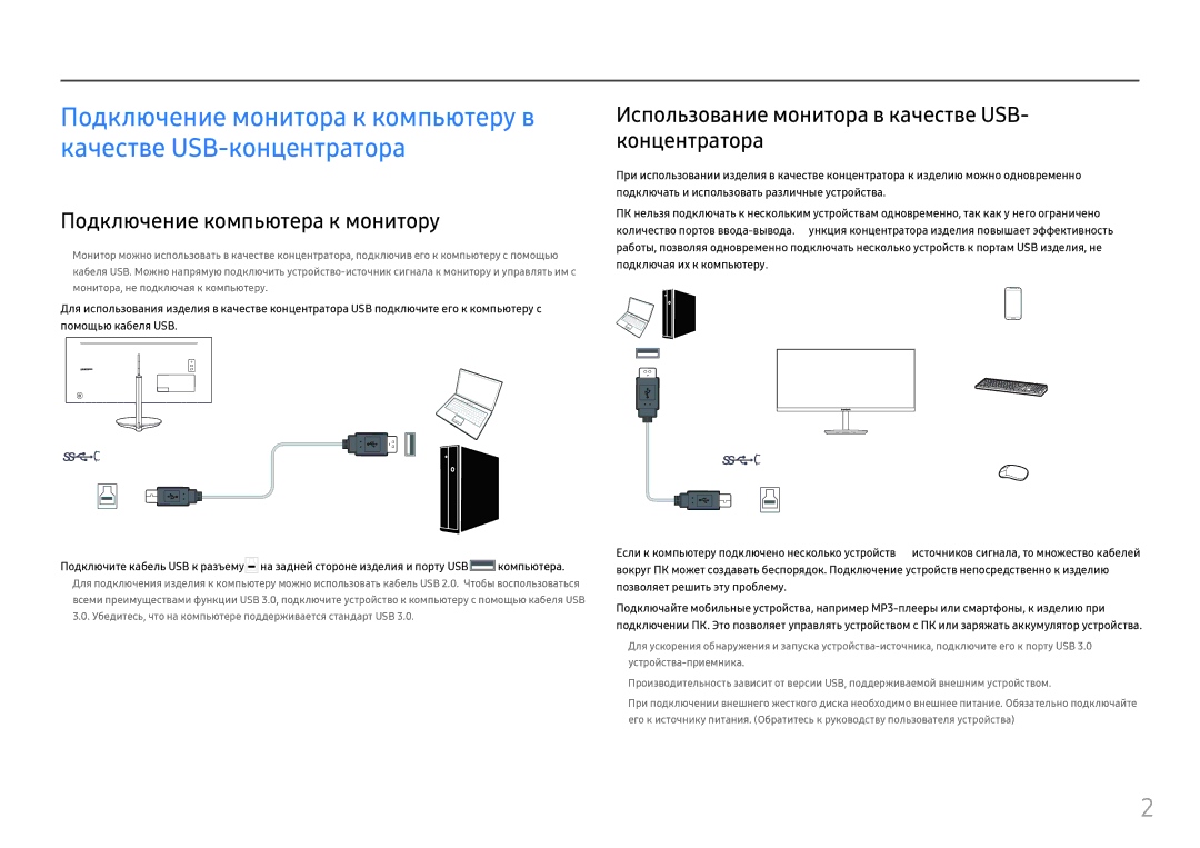 Samsung LC34F791WQUXEN manual Подключение компьютера к монитору, Использование монитора в качестве USB- концентратора 