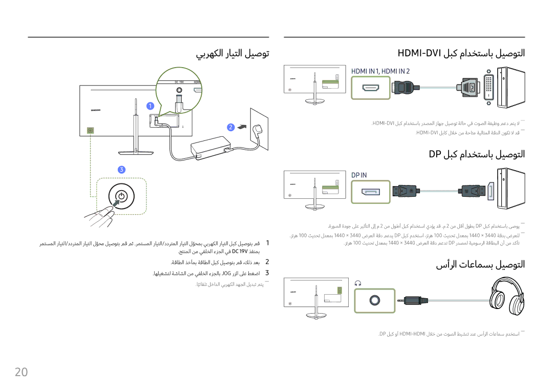 Samsung LC34F791WQUXEN يبرهكلا رايتلا ليصوت, Hdmi-Dvi لبك مادختساب ليصوتلا, Dp لبك مادختساب ليصوتلا, سأرلا تاعامسب ليصوتلا 