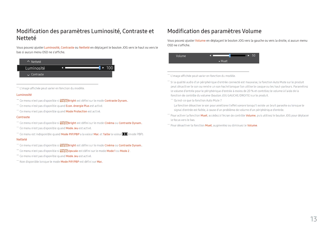 Samsung LC34F791WQUXEN Modification des paramètres Luminosité, Contraste et Netteté, Modification des paramètres Volume 