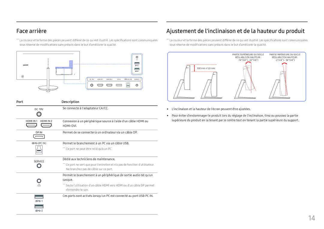 Samsung LC34F791WQUXEN manual Face arrière, Ajustement de linclinaison et de la hauteur du produit 