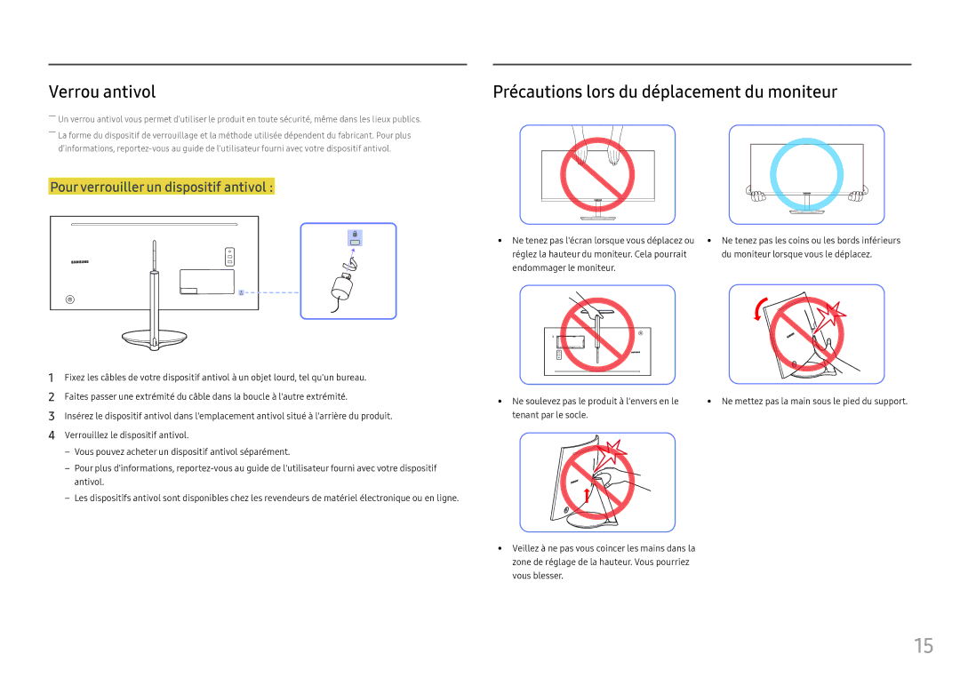 Samsung LC34F791WQUXEN manual Verrou antivol, Précautions lors du déplacement du moniteur 