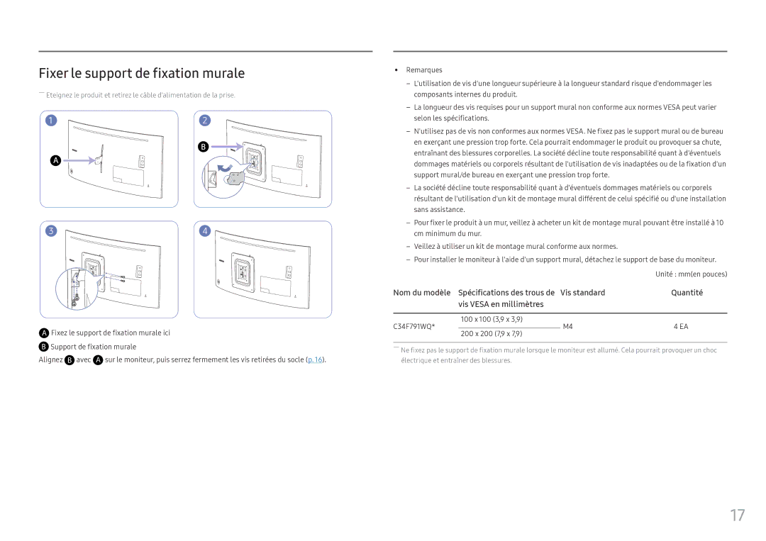 Samsung LC34F791WQUXEN manual Fixer le support de fixation murale, Support de fixation murale Alignez B avec 