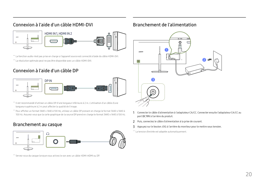 Samsung LC34F791WQUXEN manual Connexion à laide dun câble HDMI-DVI, Connexion à laide dun câble DP, Branchement au casque 