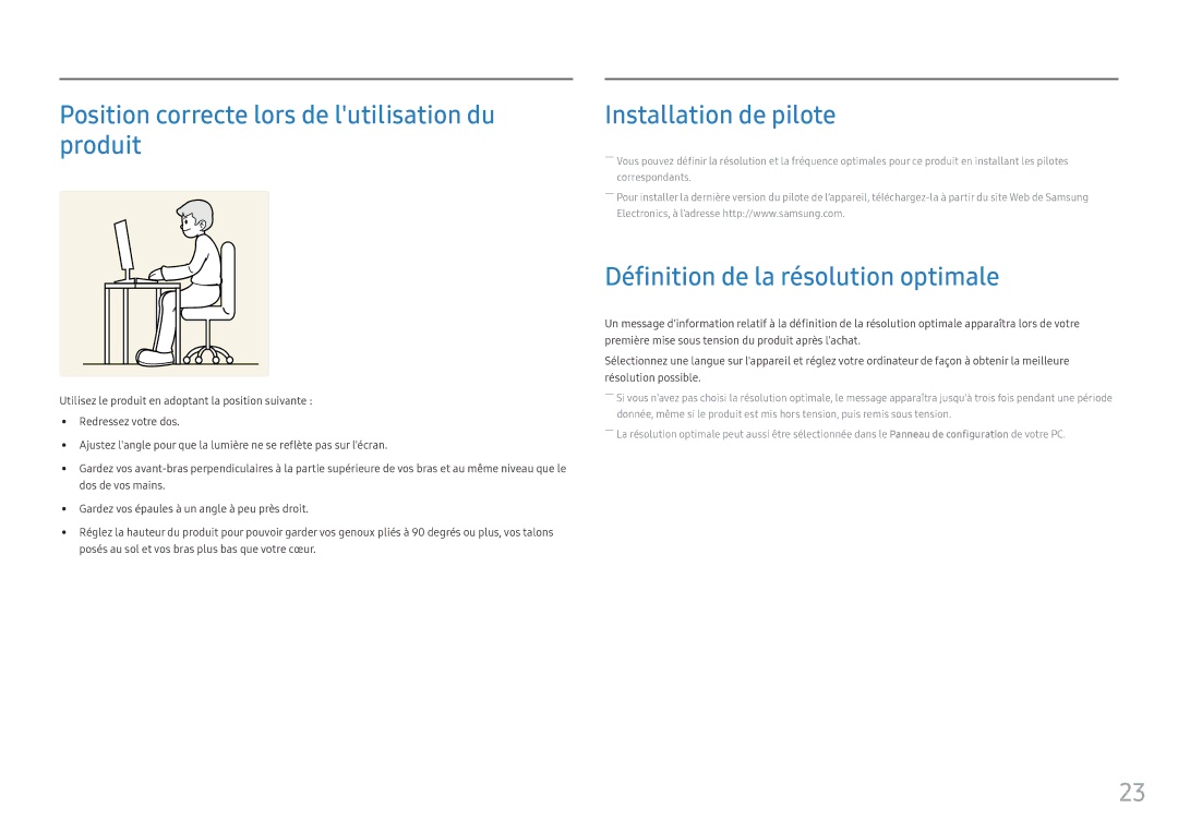 Samsung LC34F791WQUXEN manual Position correcte lors de lutilisation du produit, Installation de pilote 