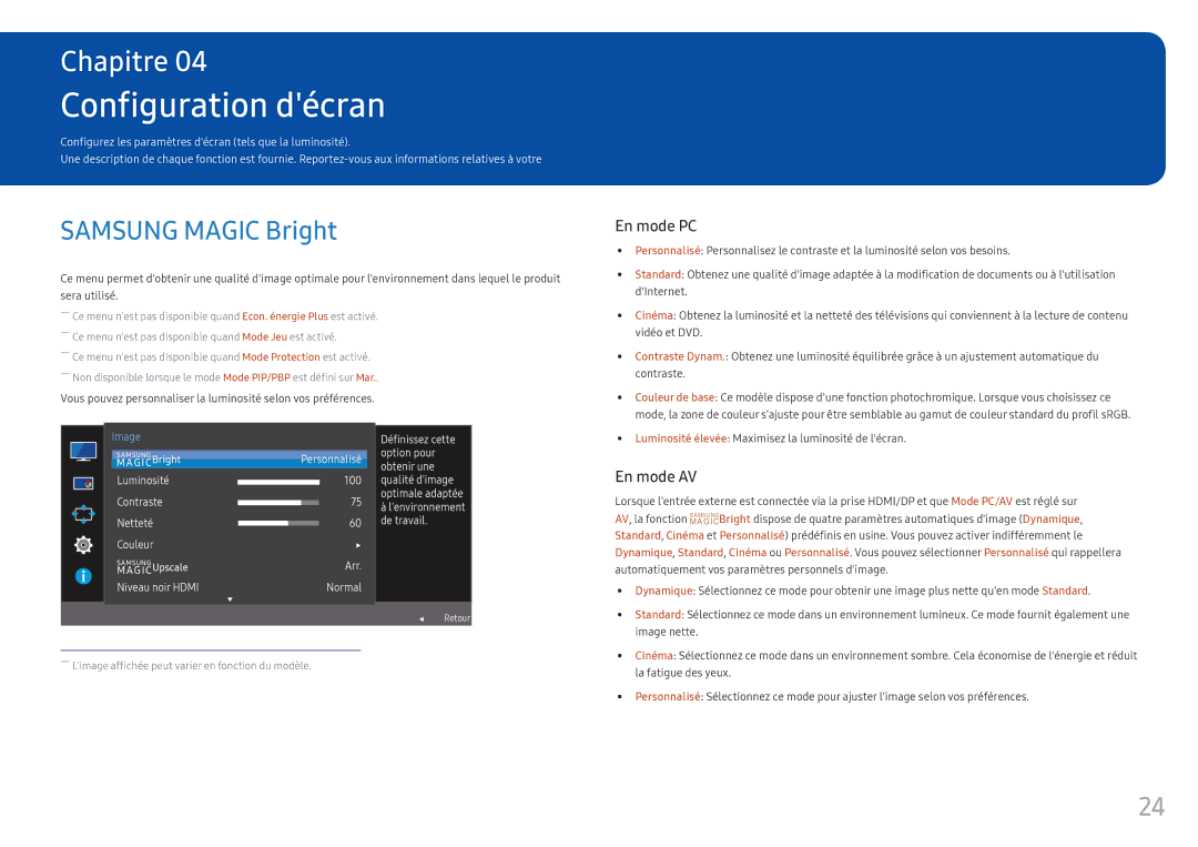 Samsung LC34F791WQUXEN Configuration décran, Samsung Magic Bright, Luminosité élevée Maximisez la luminosité de lécran 