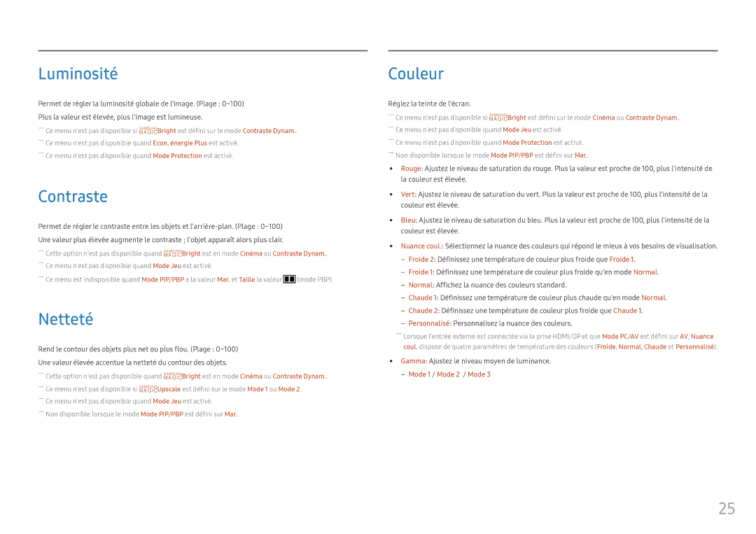 Samsung LC34F791WQUXEN manual Luminosité, Contraste, Netteté, Couleur 