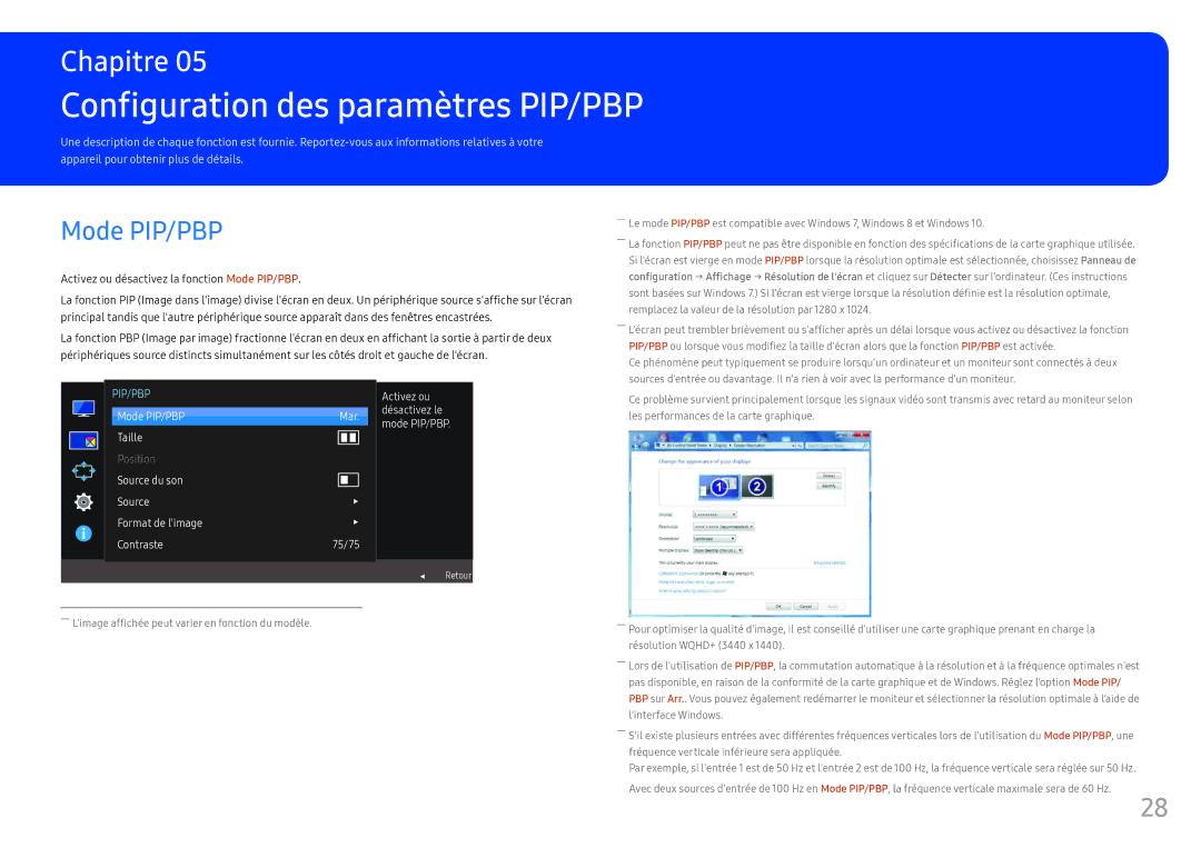 Samsung LC34F791WQUXEN manual Configuration des paramètres PIP/PBP, Mode PIP/PBP 