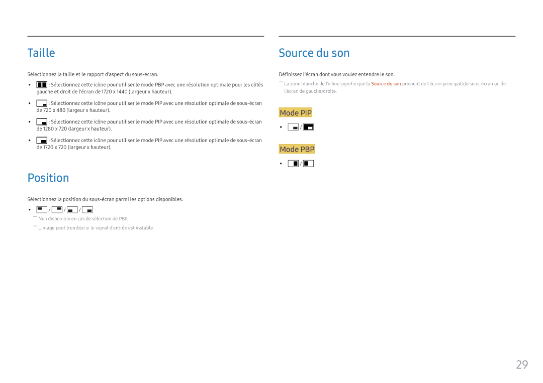 Samsung LC34F791WQUXEN manual Taille, Position, Source du son 