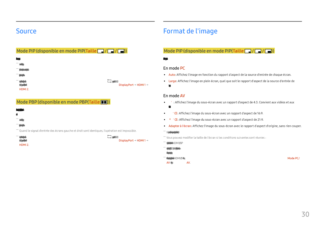 Samsung LC34F791WQUXEN manual Source, Sélectionnez la source pour chaque écran, Sélectionnez la taille dimage du sous-écran 