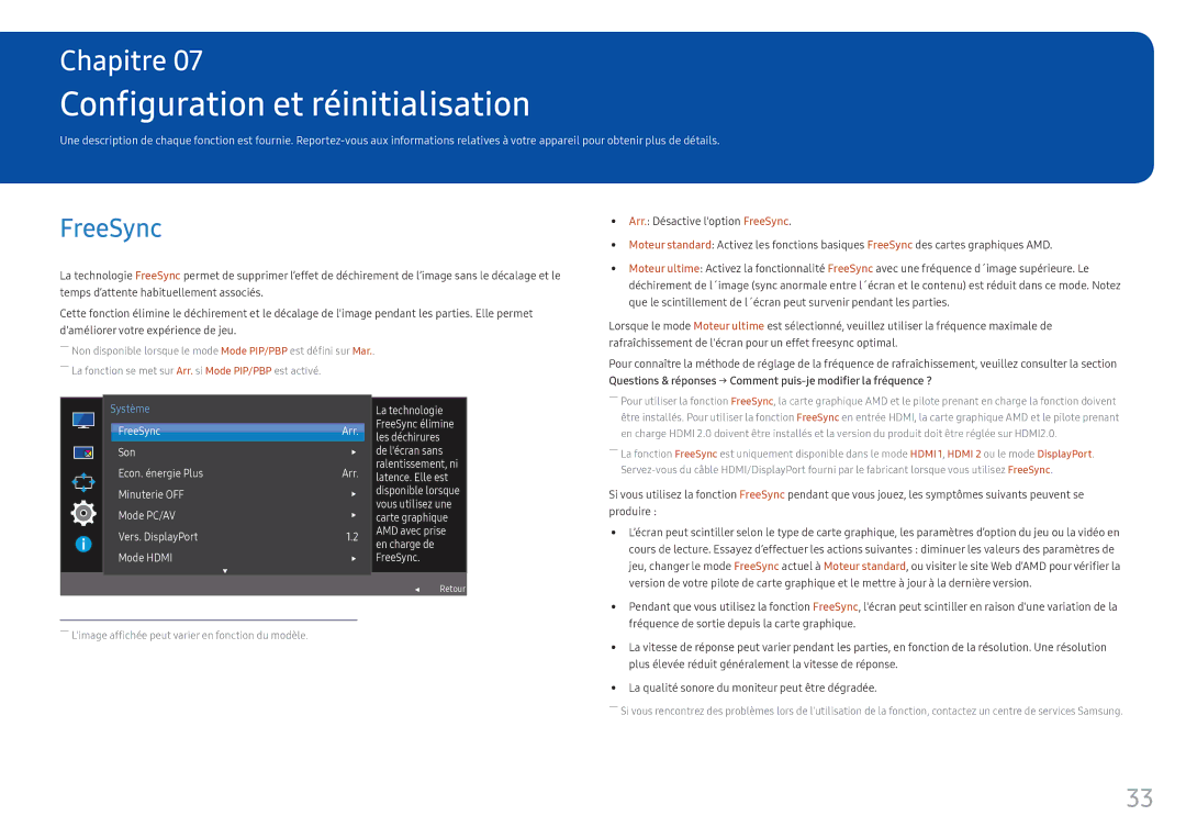 Samsung LC34F791WQUXEN manual Configuration et réinitialisation, FreeSync 