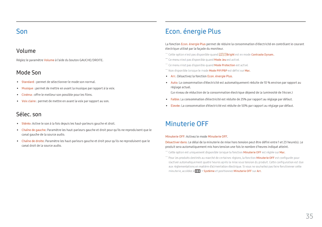 Samsung LC34F791WQUXEN manual Son, Econ. énergie Plus, Minuterie OFF 