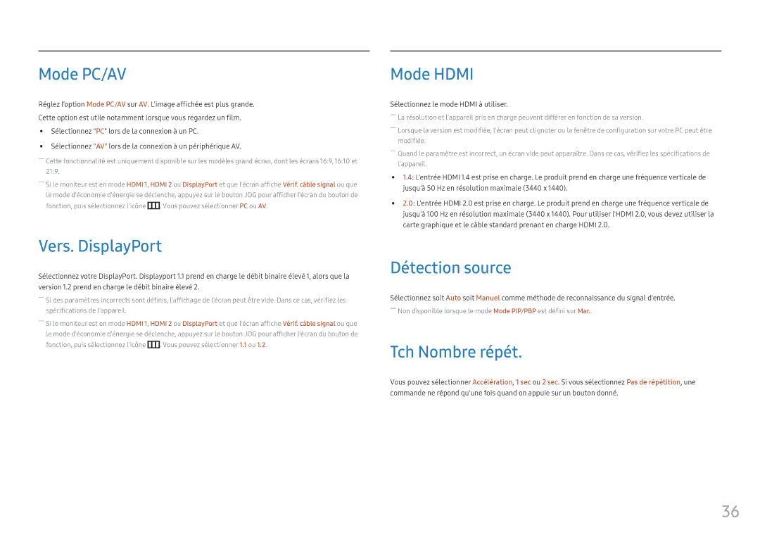 Samsung LC34F791WQUXEN manual Mode PC/AV, Vers. DisplayPort, Mode Hdmi, Détection source, Tch Nombre répét 