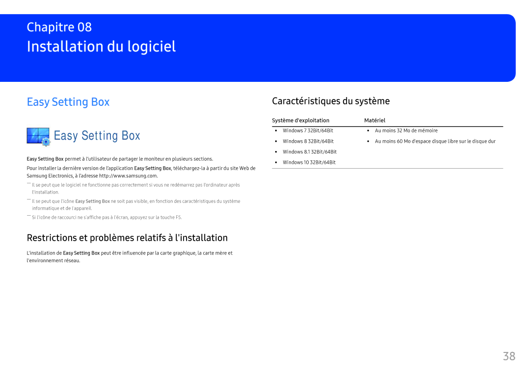 Samsung LC34F791WQUXEN Installation du logiciel, Easy Setting Box, Restrictions et problèmes relatifs à linstallation 