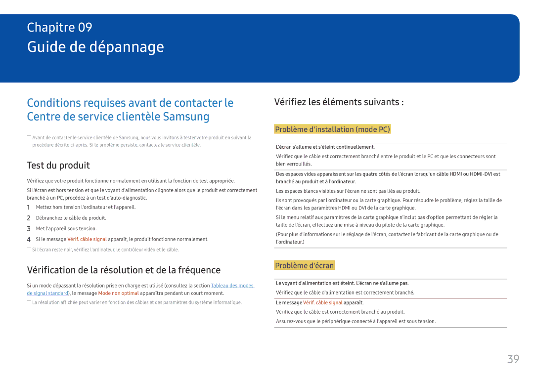 Samsung LC34F791WQUXEN manual Guide de dépannage, Test du produit, Vérification de la résolution et de la fréquence 