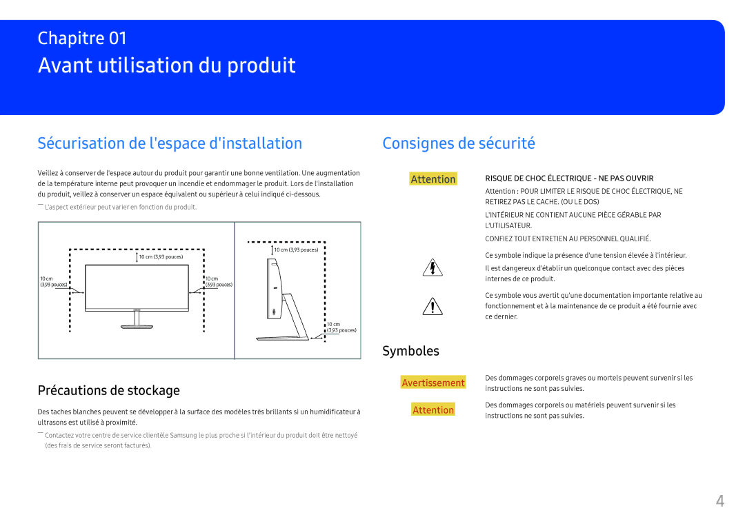 Samsung LC34F791WQUXEN manual Avant utilisation du produit, Sécurisation de lespace dinstallation, Consignes de sécurité 