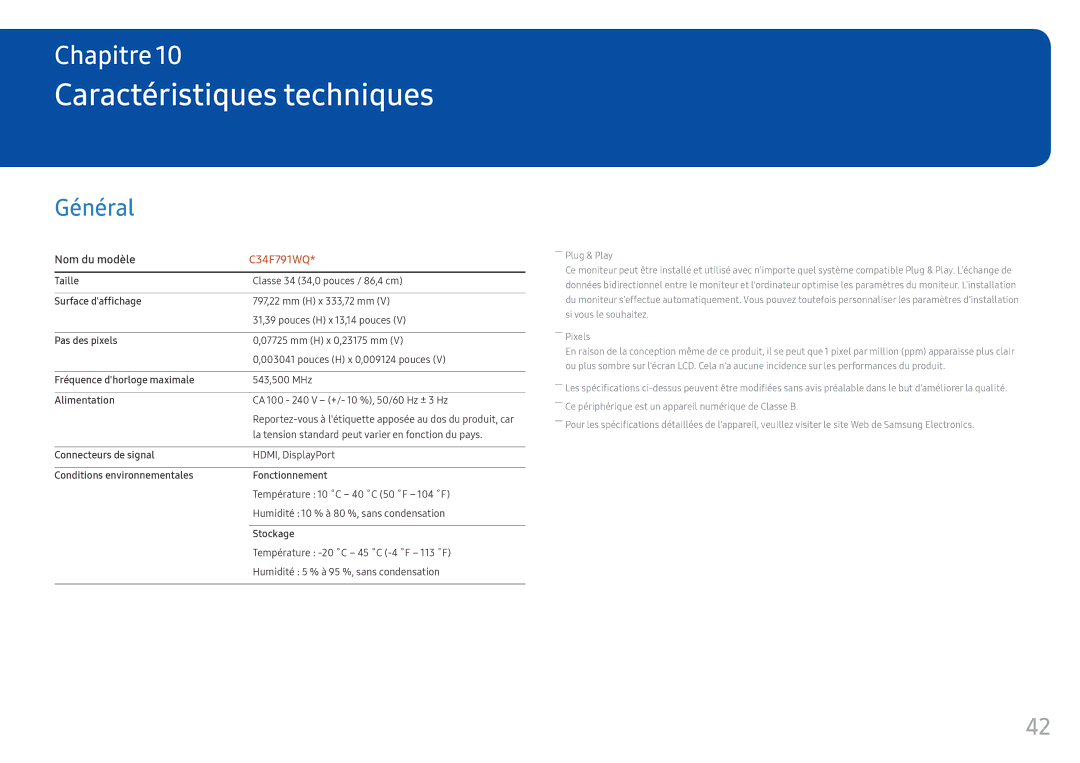 Samsung LC34F791WQUXEN manual Caractéristiques techniques, Général 