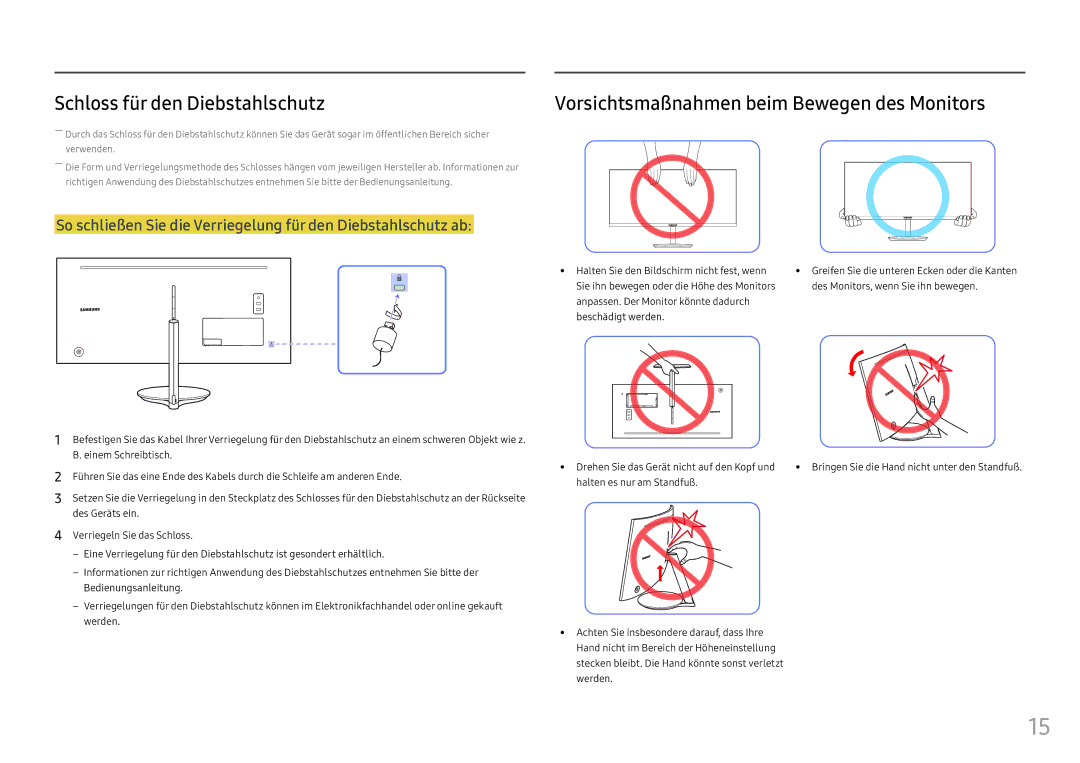 Samsung LC34F791WQUXEN manual Schloss für den Diebstahlschutz, Vorsichtsmaßnahmen beim Bewegen des Monitors 