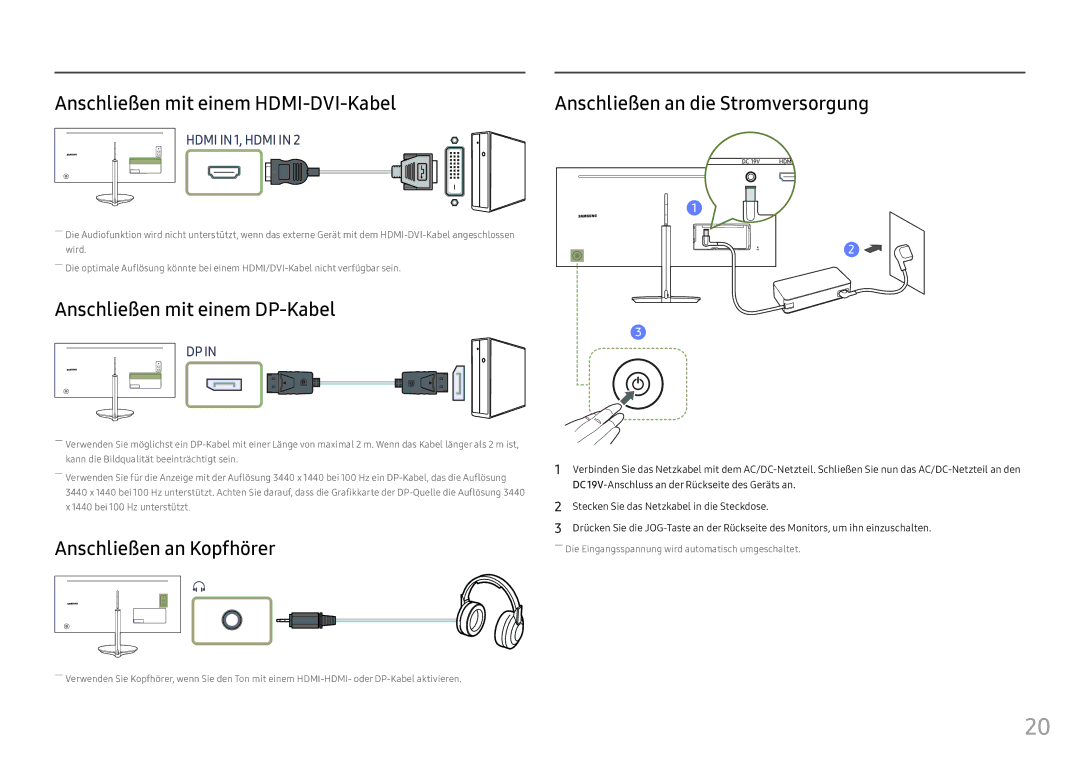 Samsung LC34F791WQUXEN Anschließen mit einem HDMI-DVI-Kabel, Anschließen mit einem DP-Kabel, Anschließen an Kopfhörer 