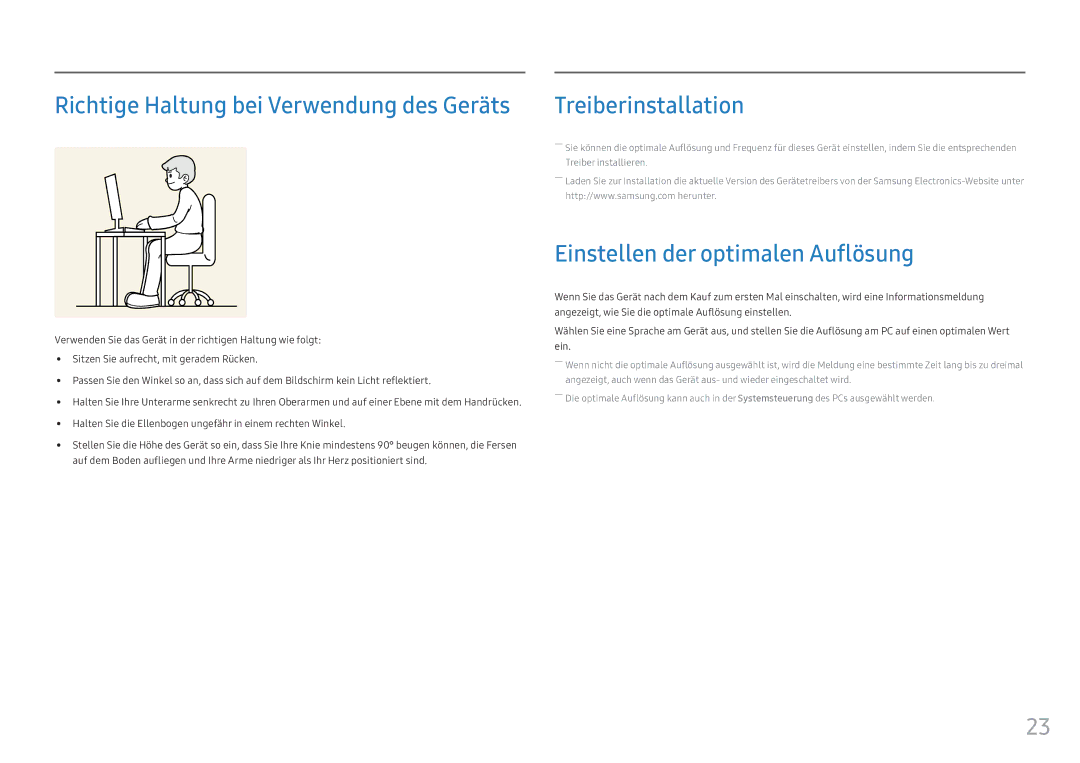 Samsung LC34F791WQUXEN manual Richtige Haltung bei Verwendung des Geräts, Einstellen der optimalen Auflösung 